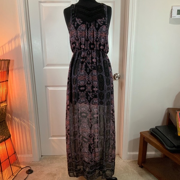 Free People Lace Boho Festival Moroccan Printed Yoke Maxi Dress Size 6 - Picture 2 of 12